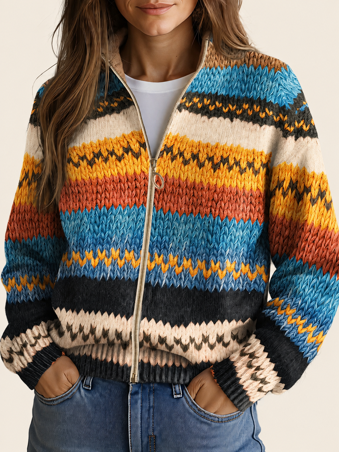 Yseult | Damen Cardigan mit zigzag stripes und a gold-tone Reißverschluss – warmbeiger Studiohintergrund