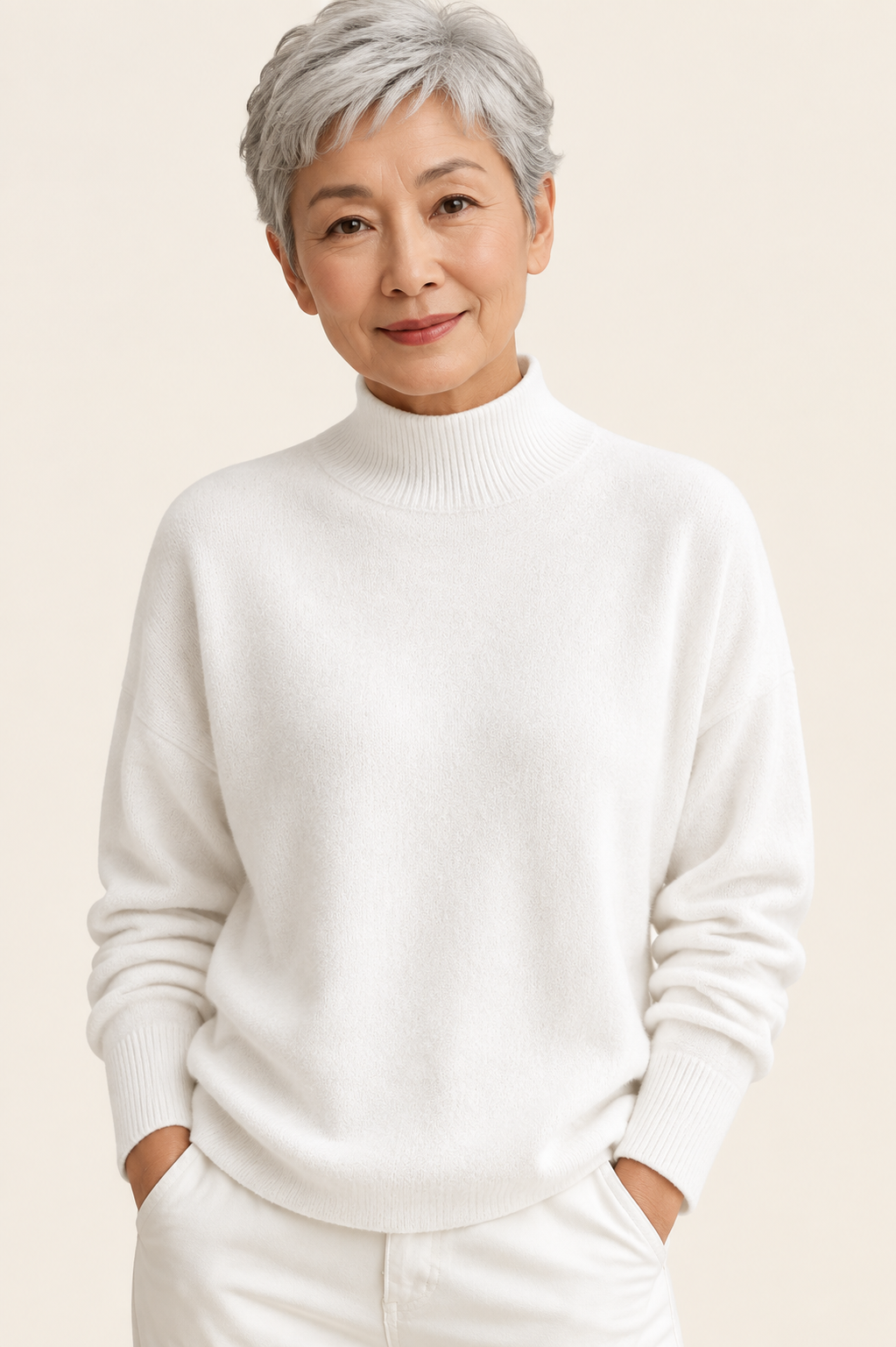 Yvonne weißer warmer Pullover an reifer Frau auf warmem beigem Hintergrund