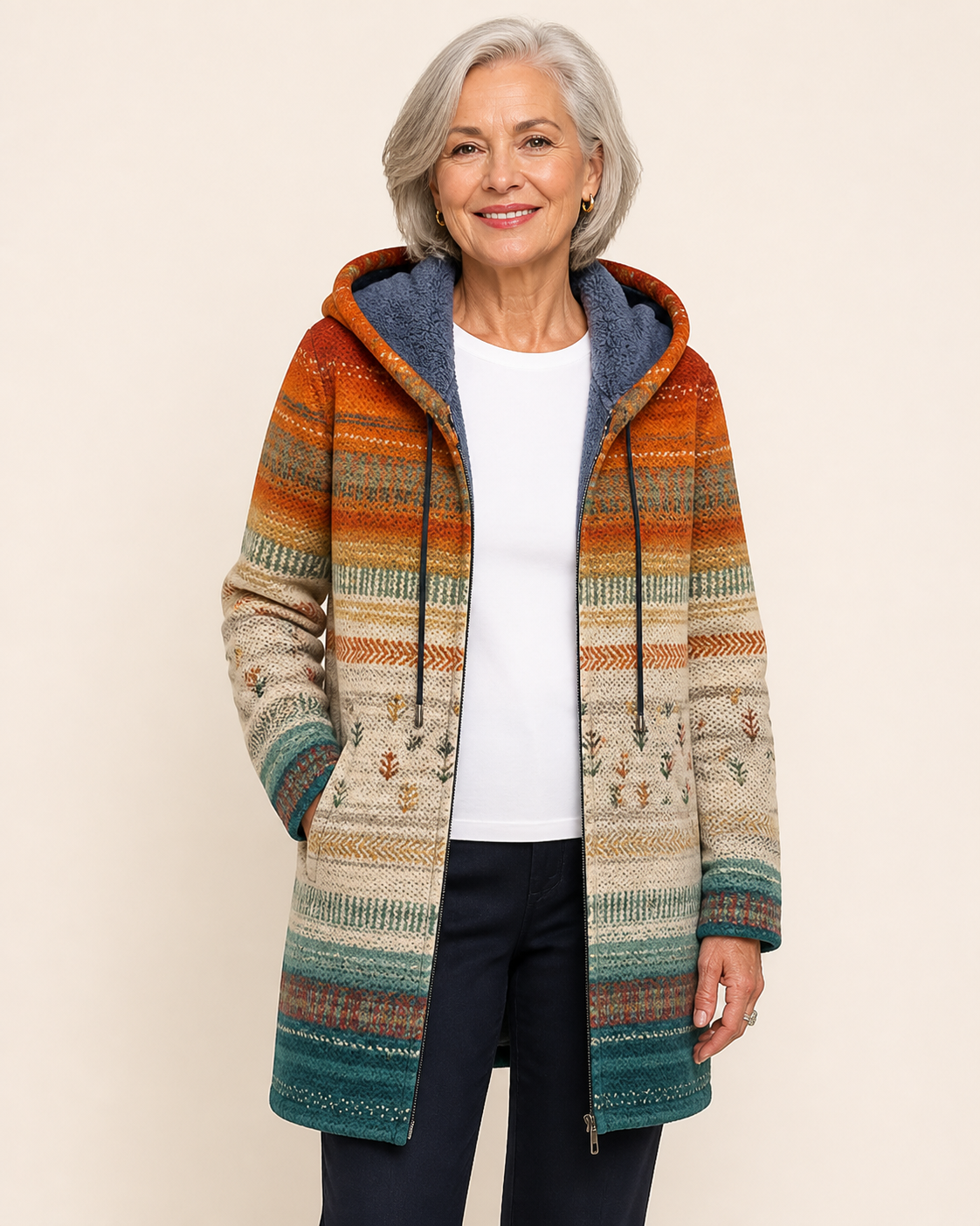 Zalie | Luxurious Cardigan mit künstlerisch Inspiration – warmbeiger Studiohintergrund