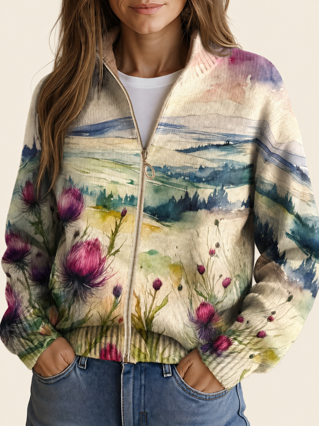 Zelda | Zip-Cardigan mit Aquarell-Print – warmbeiger Studiohintergrund