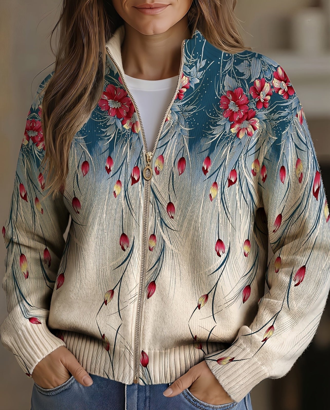 Zillah | Damen Cardigan mit floral gradient und Reißverschluss – Bild 1